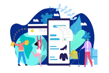 Naklejka premium Payment card concept, people holding credit card and phone and making purchase online vector illustration. Pay electronic transaction.