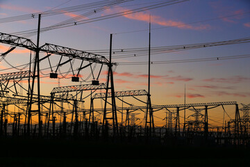 High voltage power grid, in the sunset