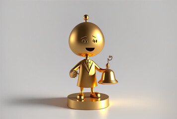 Mascot figure holding a golden trophy and a bell for hotel services on a white backdrop.. Generative AI