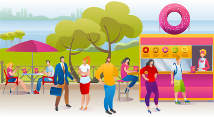 People in park cafe, donuts kiosk, street sweet food truck vector illustration. Summer city food street festival, fast food outdoor.