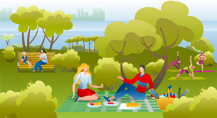 People in park, on picnic having fun, leisure and rest in summer nature, doing yoga exersices and fitness, eating vector illustration.