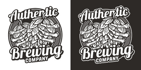 Beer emblem with hop in bone hands. Skeleton with hop for brewery or bar. Craft beer vector logo for monochrome design label of company and beer factory