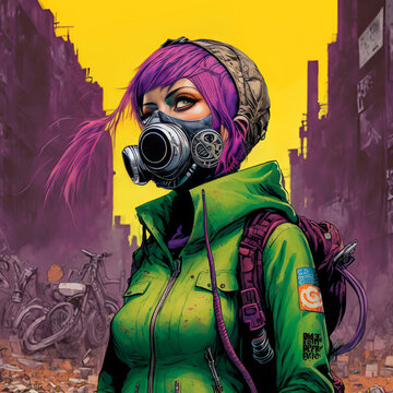 Graphic Novel Style Image of a Pink-Haired Woman Woman in a Green Hoodie Jacket Stretching in a Post-Apocalyptic City. [Digital Art Painting, Sci-Fi / Fantasy / Horror Background, Graphic Novel.]