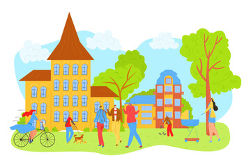 Fototapeta premium People walk in city park in summer, leisure and rest in nature with friends vector illustration. Mother with baby carrige, girl on bicycle.