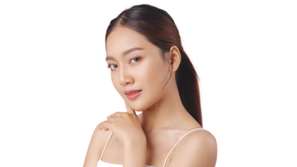 Studio shot Beautiful young Asian woman with clean fresh skin PNG file format transparent background.