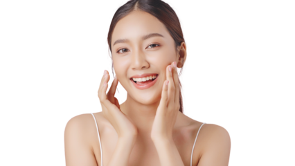 Studio shot Beautiful young Asian woman with clean fresh skin PNG file format transparent background.