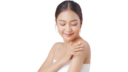 Studio shot Beautiful young Asian woman with clean fresh skin PNG file format transparent background.