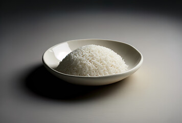 Raw rice within a dish, front view, against a neutral background. Generative AI
