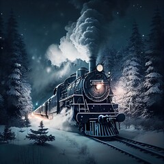 A vintage steam train with a vintage locomotive and vintage cars moves along the rails through the night forest. Generative AI - obrazy, fototapety, plakaty