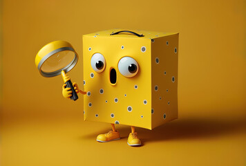Yellow backdrop with a character mascot holding a magnifying glass and a white present box.. Generative AI