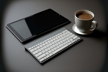 Obraz na płótnie Canvas a contemporary digital tablet in closeup with a keyboard, a coffee cup, and a mouse against a gray background.. Generative AI