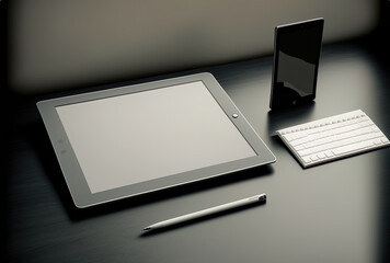 gray office desk with a white blank tablet. Generative AI