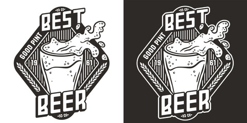 Beer glass with splashes foam for monochrome bar emblem or pub print. Brewery logo design with beer mug and froth for print shop or beer business