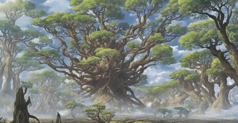 ねじれた大樹の異世界背景イラスト	