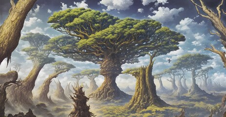 ねじれた大樹の異世界背景イラスト	