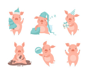 Pink Little Pig Character in Dirt Puddle, Playing Ball, Holding Gift, Fir Tree and Sleeping Vector Set