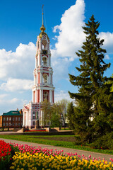 View of multi-tiered bell tower of Monastery of Our Lady of Kazan in Russian city of Tambov