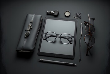 On a gray background, there is a digital tablet, a clipboard, earbuds, a watch, glasses, and a pen.. Generative AI