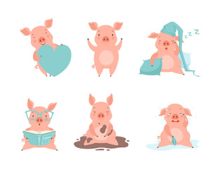 Pink Little Pig Character in Dirt Puddle, with Heart, Sleeping, Crying and Reading Book Vector Set