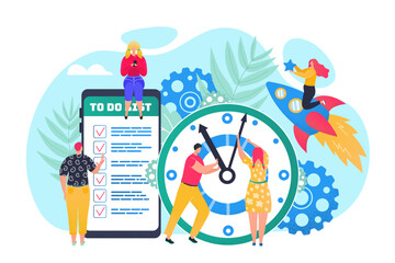 Time management to do list, efficient use of time for implementation of business plan vector illustration. Clock, agenda and shedule.