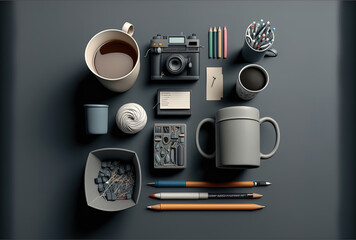 a gray backdrop with an aerial shot of office supplies and a coffee cup. Generative AI