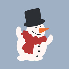 A small snowman in a top hat and a red scarf with a carrot nose. Decor for Christmas and New Year. Festive vector illustration in flat cartoon style.