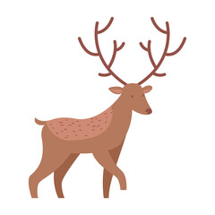 Wild forest deer with beautiful big antlers. Decor for Christmas and New Year. Festive vector illustration in flat cartoon style.