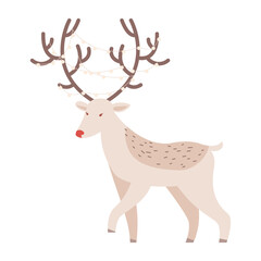 Wild forest deer with beautiful big antlers and a garland on the antlers. Decor for Christmas and New Year. Festive vector illustration in flat cartoon style
