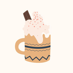 Сoffee drink in cup with sweet cream and chocolate shavings chocolate bar in trendy pattern cup. Decor for Christmas and New Year for stickers and web. Festive vector illustration in flat cartoon
