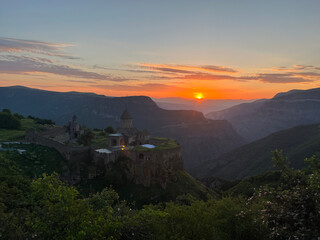 Fototapeta na wymiar View over Tatev Monastery in Armenia in Sunrise
