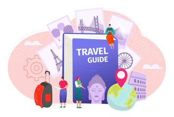 Travel guide book vector illustration. World map, travelers, luggage and worlds famous landmarks. Vacation and travelling book.