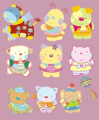 Set of illustrations of pets, animals, background with drawings of animals, bear, puppy, cat, elephant, 