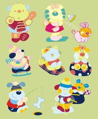 Obraz premium Set of illustrations of pets, animals, background with drawings of animals, bear, winter, sports, tiger, 