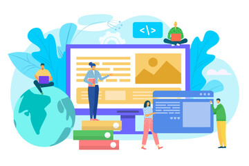 Website construction concept, ui interface prototyping, web development vector illustration. People costructing web site interface on computer.