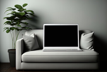Sofa with laptop and blank white screen. Generative AI
