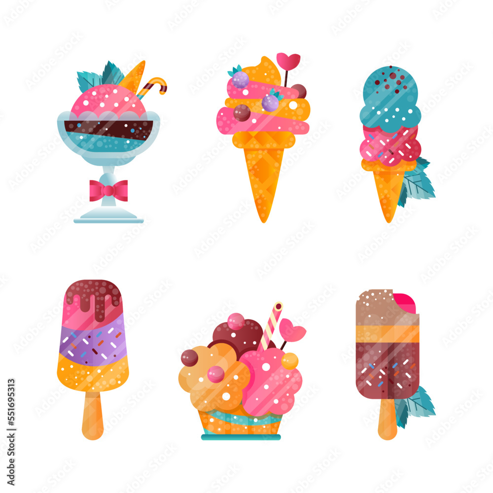 Wall mural Ice Cream Ball in Waffle Cone and Eskimo on Stick as Frozen Dessert and Sweet Snack Vector Set