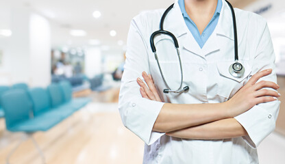 Female doctor in a hospital with a stethoscope