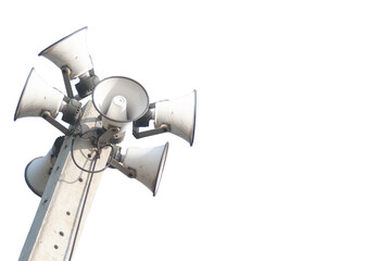 Speaker broadcasting on the technology pole isolated from broadcasting technology background.