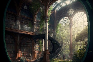 Naklejka premium Ancient and abandoned fantasy library in old greenhouse cathedral of the old ones