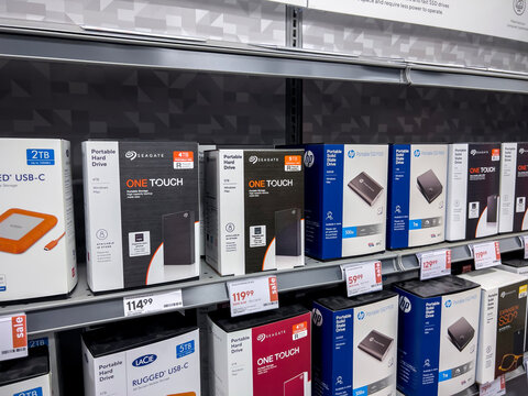 Seattle, WA USA - circa October 2022: Close up view of portable hard drives for sale inside a Staples retail store.