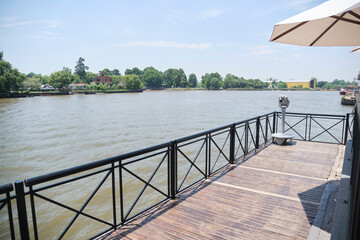 Viewpoint terrace on the banks of the Lujan river, in Tigre, Buenos Aires, Argentina, on a sunny...