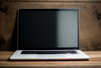 Fototapeta premium Blank laptop screen on wooden desk. Generative AI
