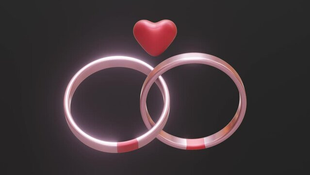 3D Render animation of a pair of ring, in shiny rose gold color. With red heart in the middle.