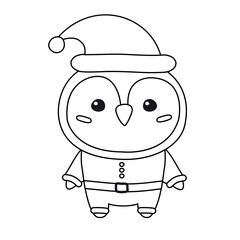 Vector flat hand drawn outline penguin in Santa Claus isolated on white background