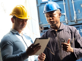 Businessman male yellow orange color hardhat foreman africa black skin manager talking discussion...