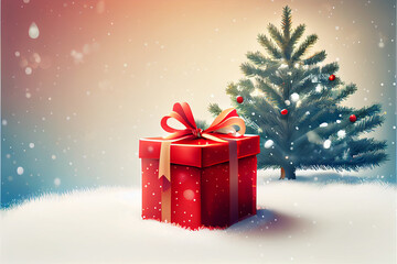 Red present with Bow Left on Snow Near Christmas Tree. Generative Ai