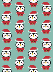 Vector seamless pattern of flat hand drawn penguin in Santa Claus isolated on mint background