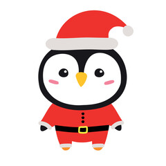 Vector flat hand drawn penguin in Santa Claus isolated on white background