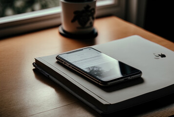a mobile phone in profile on a work desk, during an online study. Generative AI