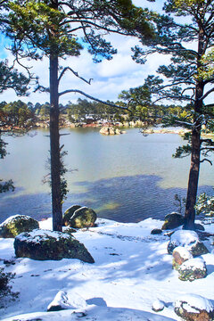 lake on winter with forest around, snow covering the floor, arareco lake in creel chihuahua 